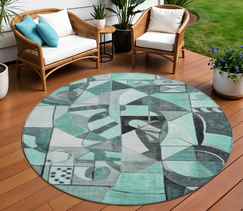 8' Teal Blue Black Ivory And Gray Round Abstract Washable Indoor Outdoor Area Rug Photo 2
