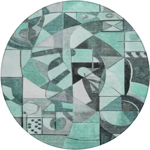 Photo of 8' Teal Blue Black Ivory And Gray Round Abstract Washable Indoor Outdoor Area Rug