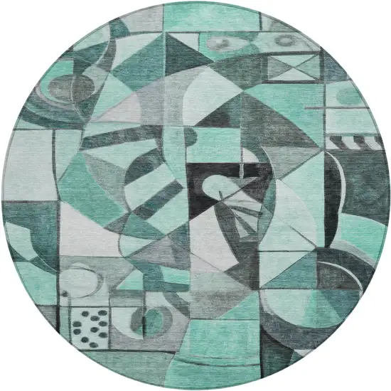 8' Teal Blue Black Ivory And Gray Round Abstract Washable Indoor Outdoor Area Rug Photo 1