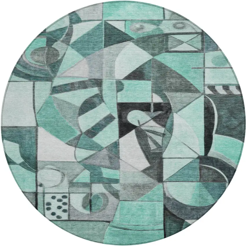 8' Teal Blue Black Ivory And Gray Round Abstract Washable Indoor Outdoor Area Rug Photo 1