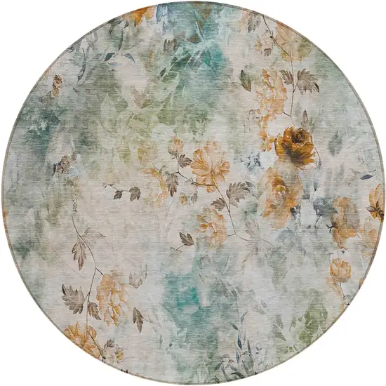 8' Teal Blue Blue And Green Round Floral Washable Indoor Outdoor Area Rug Photo 2