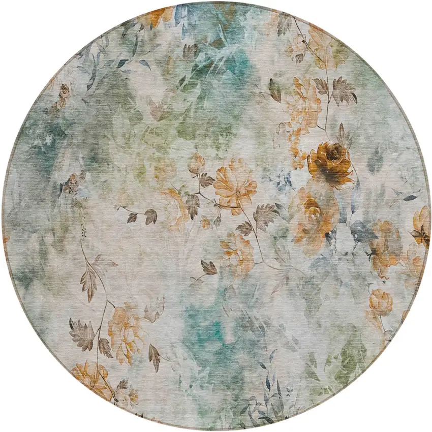 8' Teal Blue Blue And Green Round Floral Washable Indoor Outdoor Area Rug Photo 2