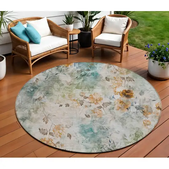 8' Teal Blue Blue And Green Round Floral Washable Indoor Outdoor Area Rug Photo 1