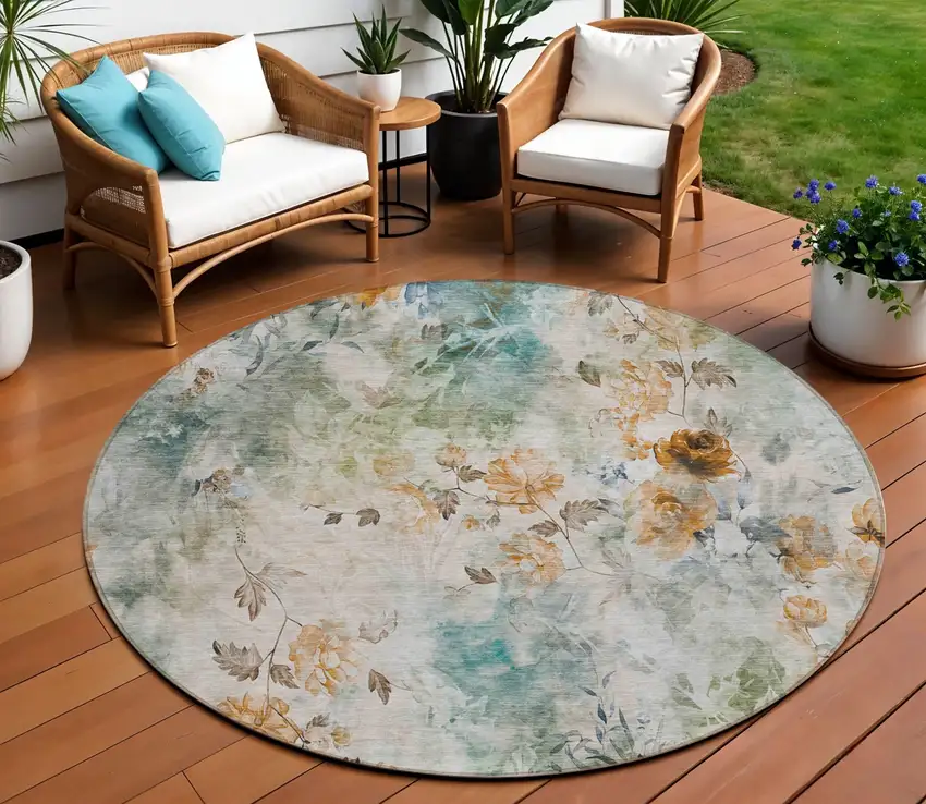 8' Teal Blue Blue And Green Round Floral Washable Indoor Outdoor Area Rug Photo 1