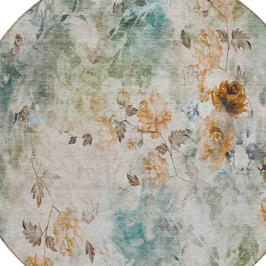 8' Teal Blue Blue And Green Round Floral Washable Indoor Outdoor Area Rug Photo 6