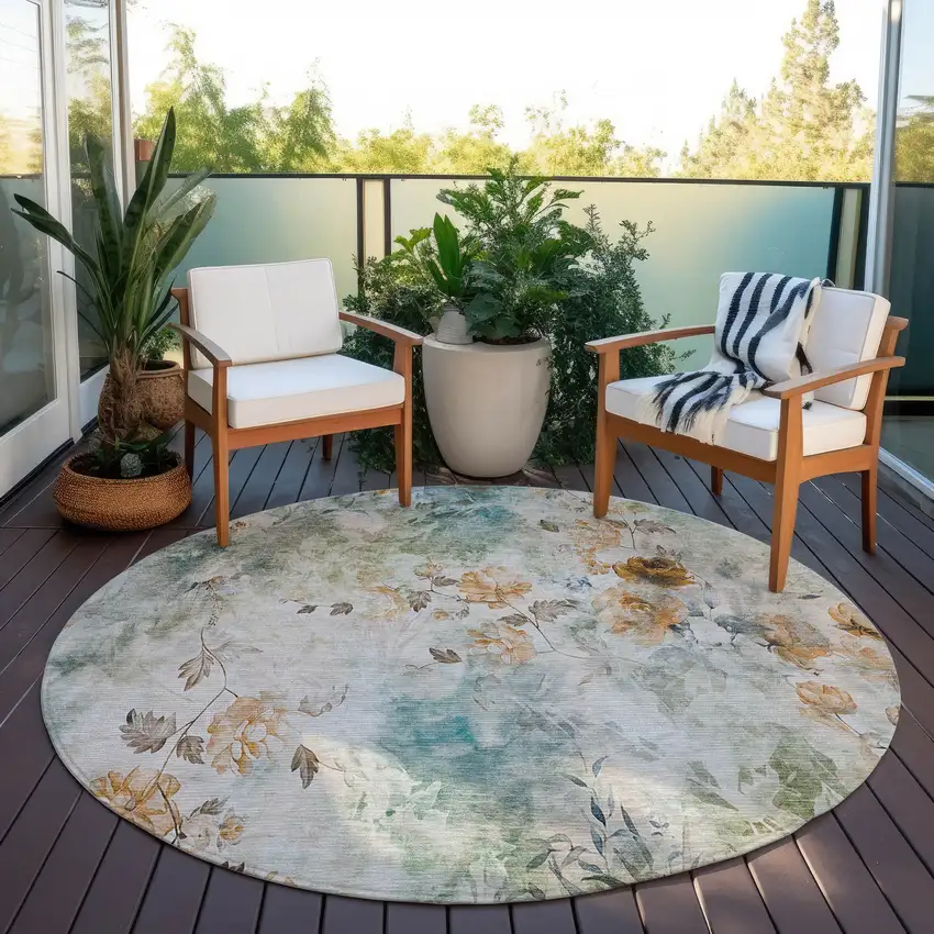 8' Teal Blue Blue And Green Round Floral Washable Indoor Outdoor Area Rug Photo 8