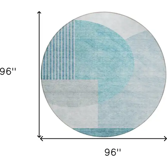 8' Teal Blue Blue And Silver Round Geometric Washable Indoor Outdoor Area Rug Photo 3