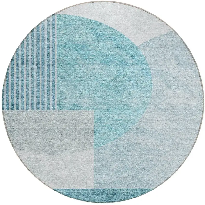 8' Teal Blue Blue And Silver Round Geometric Washable Indoor Outdoor Area Rug Photo 5