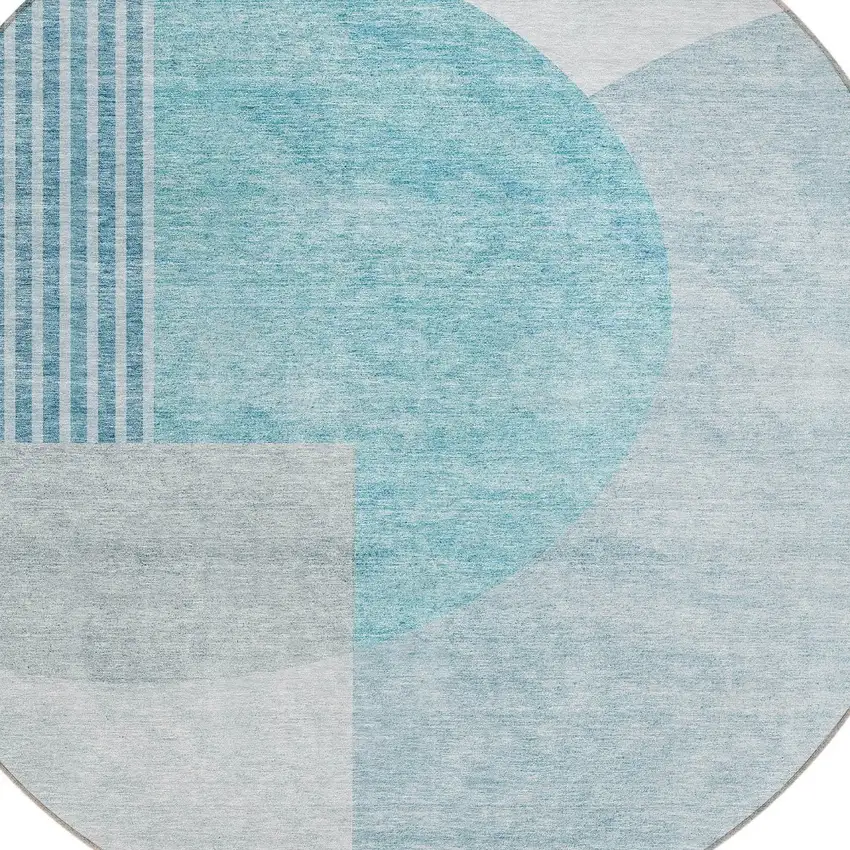 8' Teal Blue Blue And Silver Round Geometric Washable Indoor Outdoor Area Rug Photo 4
