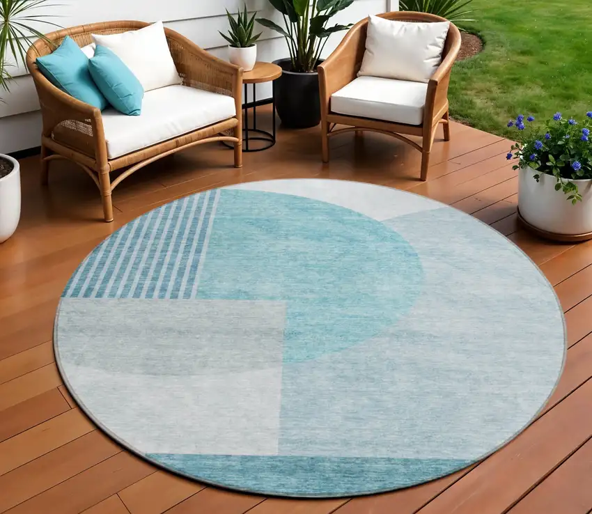 8' Teal Blue Blue And Silver Round Geometric Washable Indoor Outdoor Area Rug Photo 1