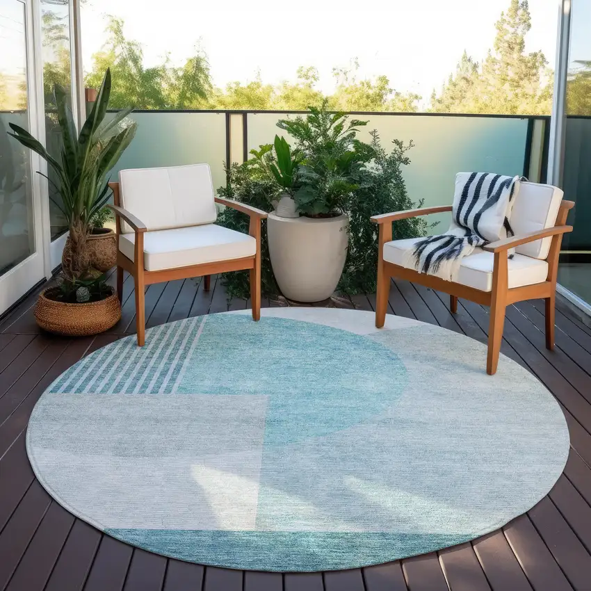 8' Teal Blue Blue And Silver Round Geometric Washable Indoor Outdoor Area Rug Photo 6