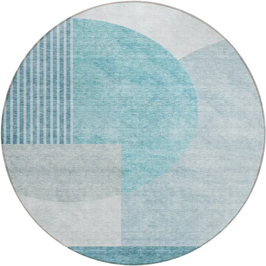 8' Teal Blue Blue And Silver Round Geometric Washable Indoor Outdoor Area Rug Photo 2