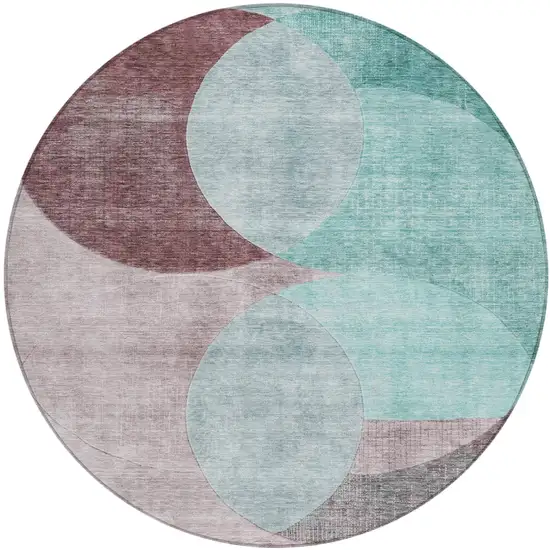 8' Teal Blue Brown And Beige Round Geometric Washable Indoor Outdoor Area Rug Photo 2