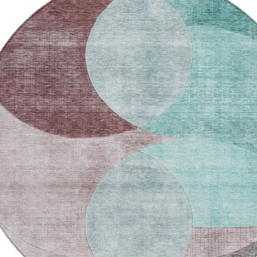 8' Teal Blue Brown And Beige Round Geometric Washable Indoor Outdoor Area Rug Photo 5