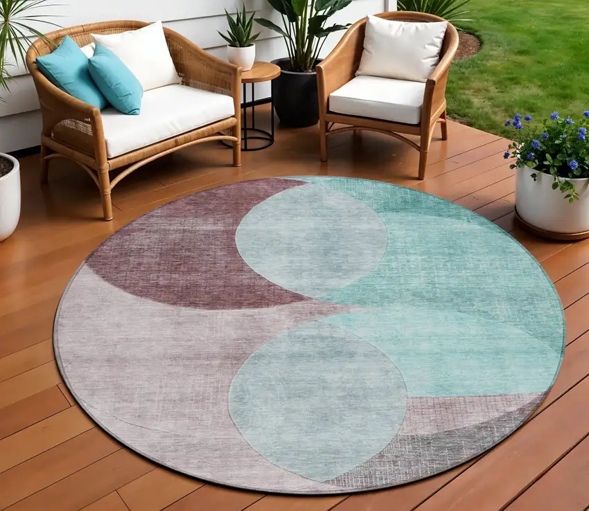8' Teal Blue Brown And Beige Round Geometric Washable Indoor Outdoor Area Rug Photo 1