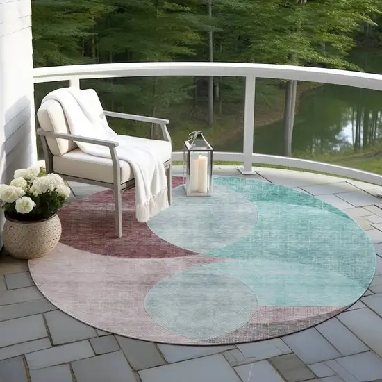 8' Teal Blue Brown And Beige Round Geometric Washable Indoor Outdoor Area Rug Photo 7