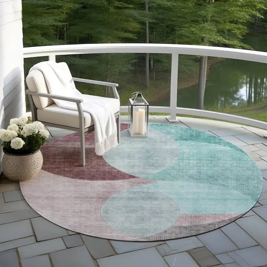 8' Teal Blue Brown And Beige Round Geometric Washable Indoor Outdoor Area Rug Photo 7