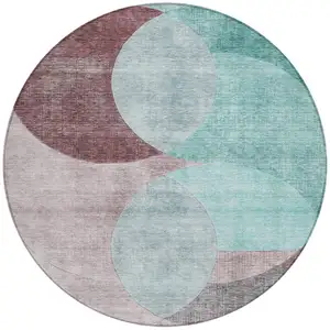 Photo of 8' Teal Blue Brown And Beige Round Geometric Washable Indoor Outdoor Area Rug