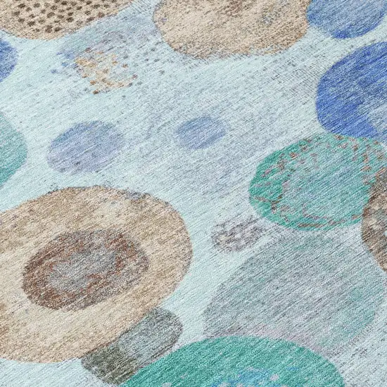 8' Teal Blue Brown And Beige Round Geometric Washable Indoor Outdoor Area Rug Photo 9