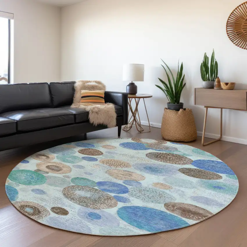 8' Teal Blue Brown And Beige Round Geometric Washable Indoor Outdoor Area Rug Photo 6