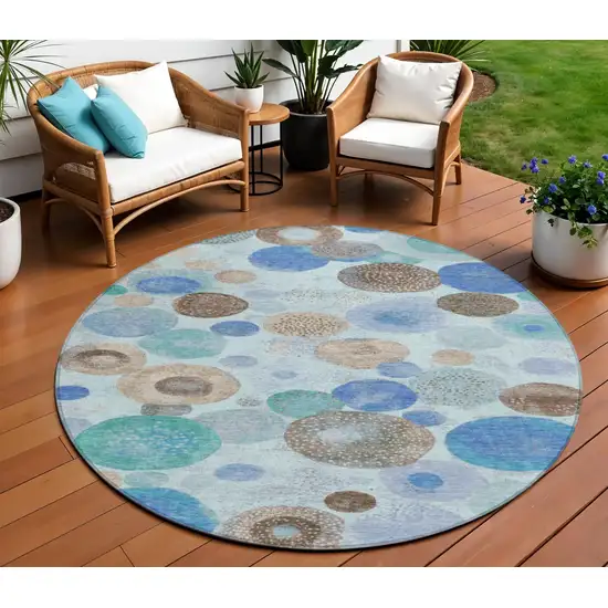 8' Teal Blue Brown And Beige Round Geometric Washable Indoor Outdoor Area Rug Photo 2