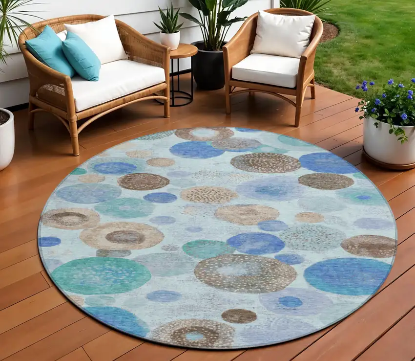 8' Teal Blue Brown And Beige Round Geometric Washable Indoor Outdoor Area Rug Photo 2