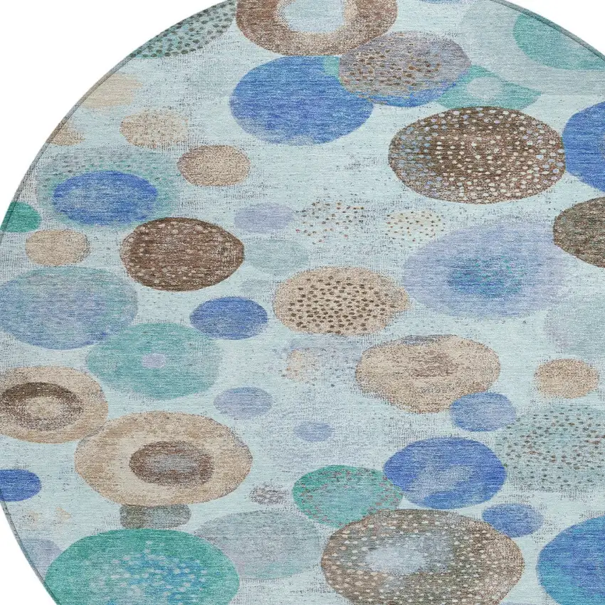 8' Teal Blue Brown And Beige Round Geometric Washable Indoor Outdoor Area Rug Photo 8