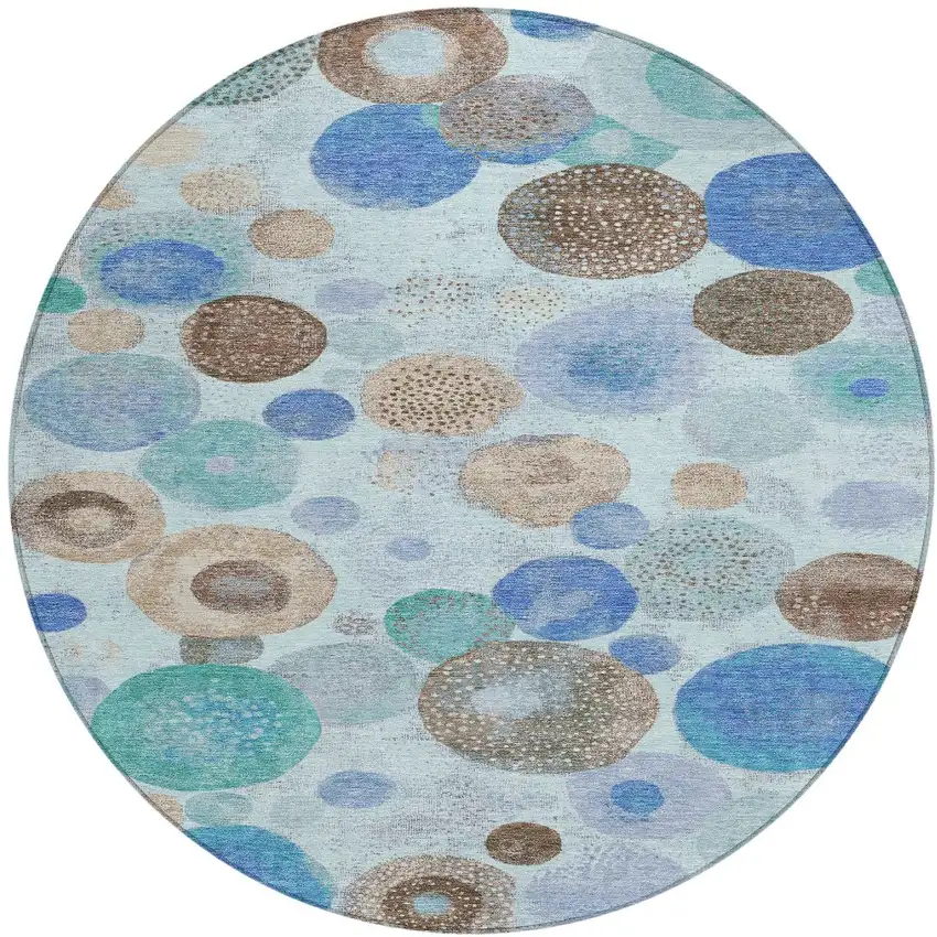 8' Teal Blue Brown And Beige Round Geometric Washable Indoor Outdoor Area Rug Photo 3