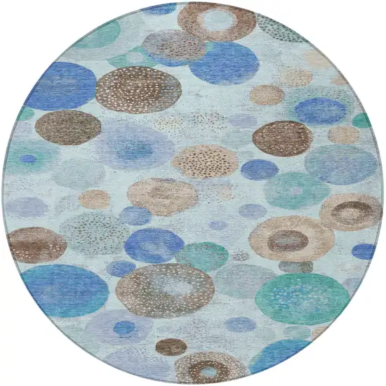8' Teal Blue Brown And Beige Round Geometric Washable Indoor Outdoor Area Rug Photo 4