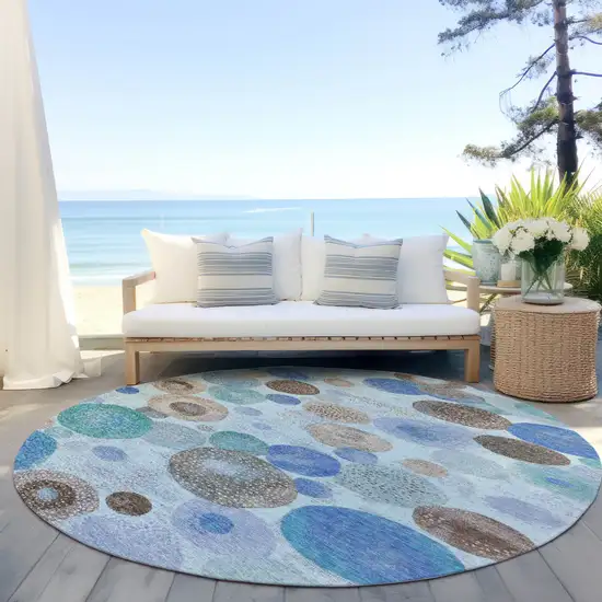 8' Teal Blue Brown And Beige Round Geometric Washable Indoor Outdoor Area Rug Photo 5
