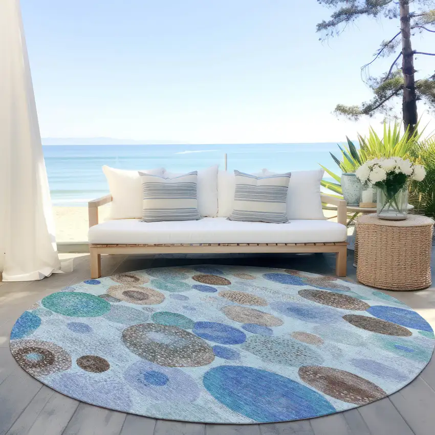 8' Teal Blue Brown And Beige Round Geometric Washable Indoor Outdoor Area Rug Photo 5