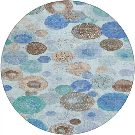 8' Teal Blue Brown And Beige Round Geometric Washable Indoor Outdoor Area Rug Photo 1
