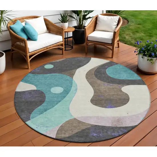 8' Teal Blue Brown And Charcoal Round Abstract Washable Indoor Outdoor Area Rug Photo 2