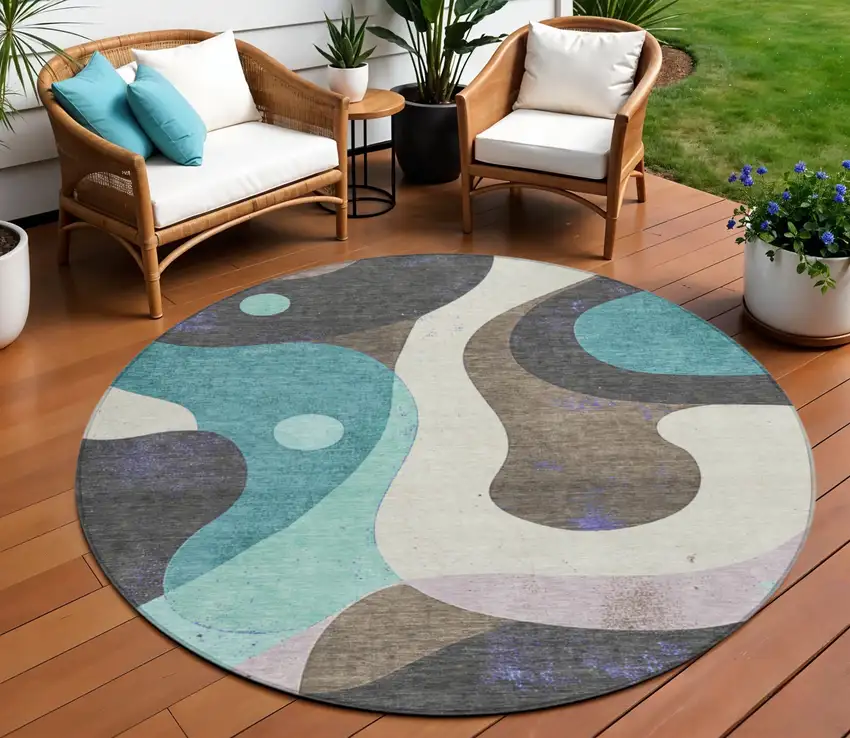 8' Teal Blue Brown And Charcoal Round Abstract Washable Indoor Outdoor Area Rug Photo 2