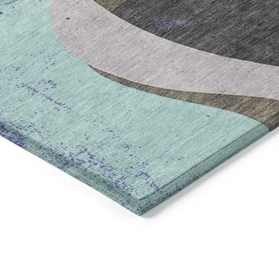 8' Teal Blue Brown And Charcoal Round Abstract Washable Indoor Outdoor Area Rug Photo 5