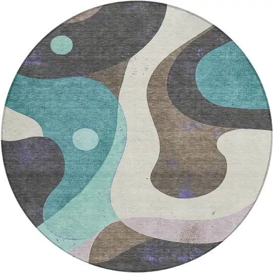 8' Teal Blue Brown And Charcoal Round Abstract Washable Indoor Outdoor Area Rug Photo 1