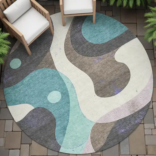 8' Teal Blue Brown And Charcoal Round Abstract Washable Indoor Outdoor Area Rug Photo 9