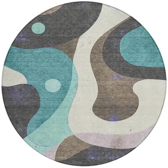 8' Teal Blue Brown And Charcoal Round Abstract Washable Indoor Outdoor Area Rug Photo 4