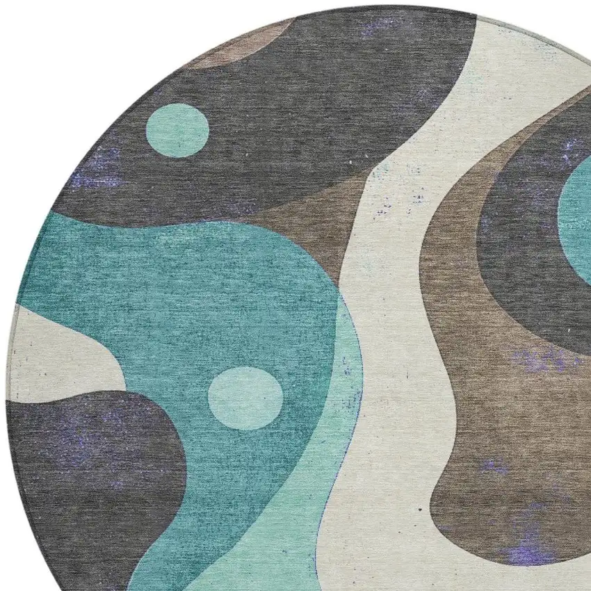 8' Teal Blue Brown And Charcoal Round Abstract Washable Indoor Outdoor Area Rug Photo 7