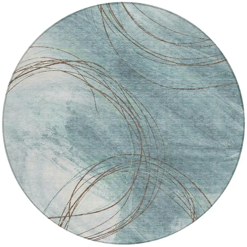 8' Teal Blue Brown And Ivory Round Abstract Washable Indoor Outdoor Area Rug Photo 2
