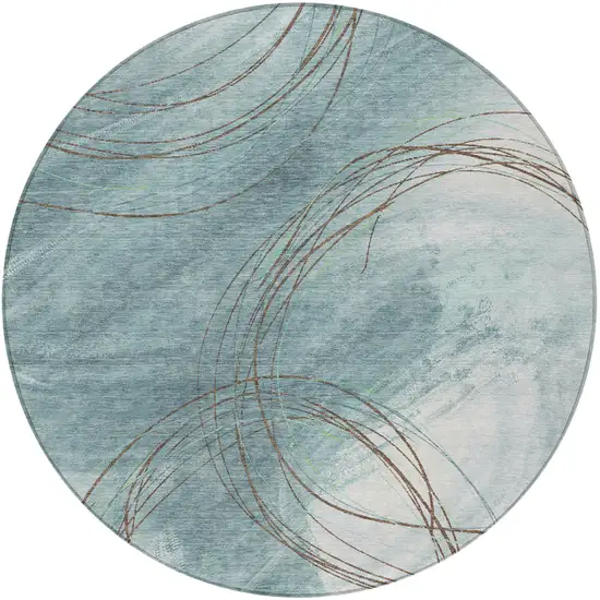 8' Teal Blue Brown And Ivory Round Abstract Washable Indoor Outdoor Area Rug Photo 3