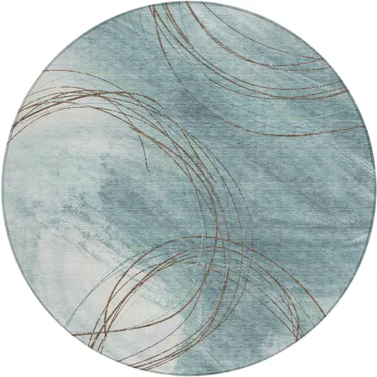 8' Teal Blue Brown And Ivory Round Abstract Washable Indoor Outdoor Area Rug Photo 1