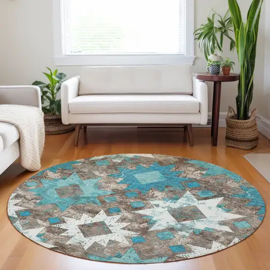 8' Teal Blue Brown And Ivory Round Aztec Washable Indoor Outdoor Area Rug Photo 6