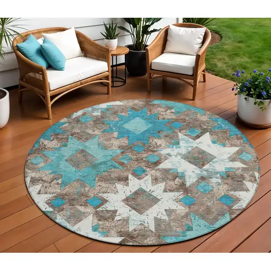 8' Teal Blue Brown And Ivory Round Aztec Washable Indoor Outdoor Area Rug Photo 2