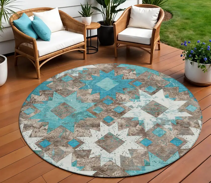 8' Teal Blue Brown And Ivory Round Aztec Washable Indoor Outdoor Area Rug Photo 2