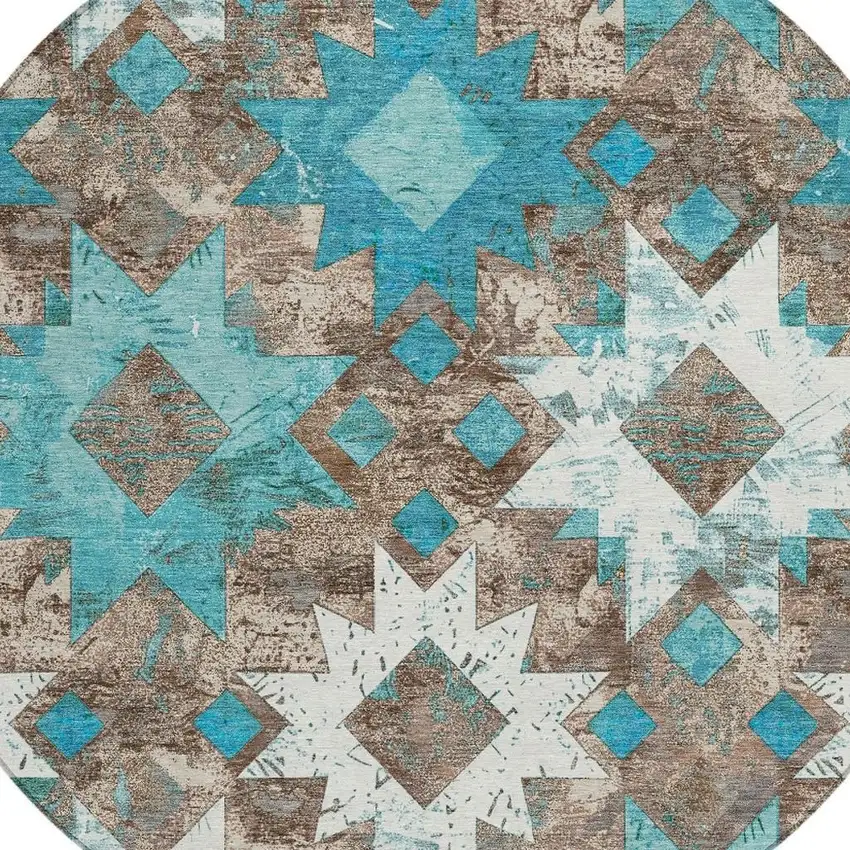 8' Teal Blue Brown And Ivory Round Aztec Washable Indoor Outdoor Area Rug Photo 4