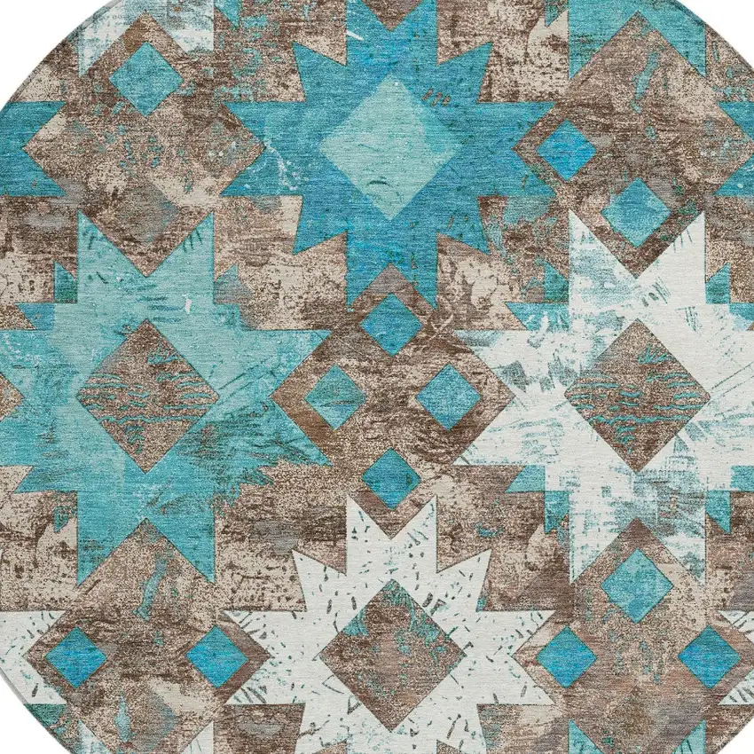 8' Teal Blue Brown And Ivory Round Aztec Washable Indoor Outdoor Area Rug Photo 8