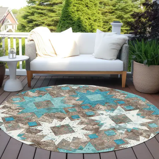 8' Teal Blue Brown And Ivory Round Aztec Washable Indoor Outdoor Area Rug Photo 5