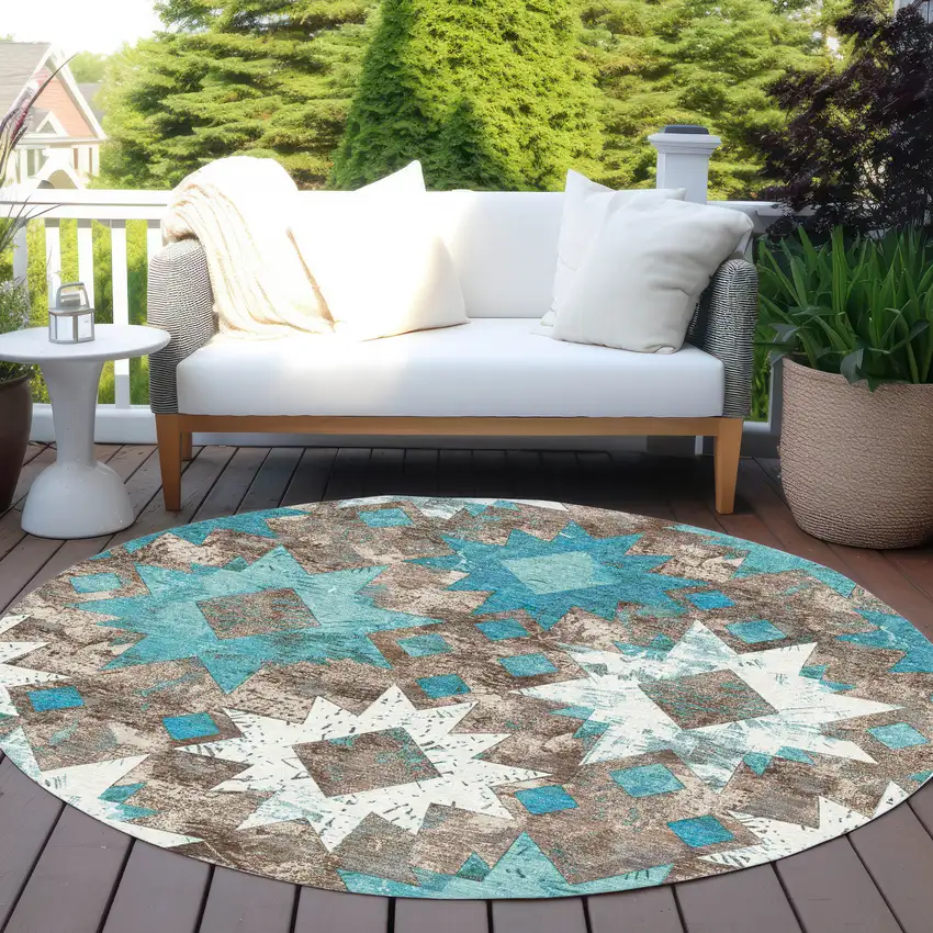 8' Teal Blue Brown And Ivory Round Aztec Washable Indoor Outdoor Area Rug Photo 5