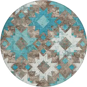Photo of 8' Teal Blue Brown And Ivory Round Aztec Washable Indoor Outdoor Area Rug